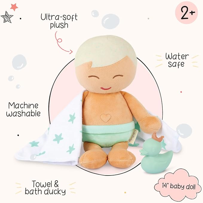 LullaBaby – 14-Inch Bath Doll – Fair Skintone & Blonde Hair Baby Boy Doll with Accessories – Soft Plush Body – Real Water Play – Tub Toy – Kids Ages 2+