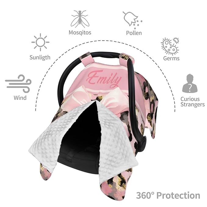 Personalized Baby Car Seat Canopy with Name, Leopard Infant Car Seat Cover, Nursing & Breastfeeding Stroller Cover, Newborn Shower Gift for Baby Girls