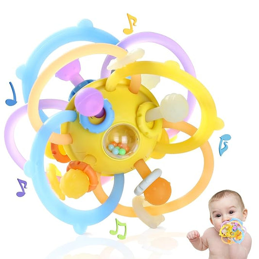 Baby Sensory Teething Toys, Baby Montessori Teether Toys for 0 3 6 9 12 18 Months, Silicone Tummy Time Toy with Rattle Ball for Newborn Infant, Learning Delopmental Gift for Boys Girls, Yellow