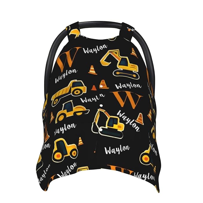 Customized Baby Car Seat Cover with Name, Personalised Engineering Vehicle Baby Carseat Canopy for Boys, Multi-use Nursing Breastfeeding Covers for Infant Newborn, Shower Gifts for Babies