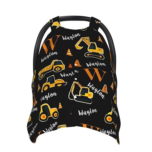 Customized Baby Car Seat Cover with Name, Personalised Engineering Vehicle Baby Carseat Canopy for Boys, Multi-use Nursing Breastfeeding Covers for Infant Newborn, Shower Gifts for Babies
