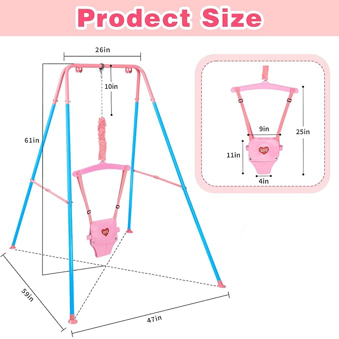 Baby Jumper, Indoor&Outdoor Baby Bouncer, Infant Jumper with Adjustment Strap for Boys Girls, Exercise Saddle Seat for Backyard, Easy to Assemble & Store (Pink)