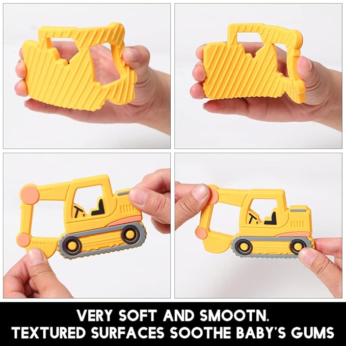 Car Series Baby Teething Toys,Food Grade Silicone Chew Teether for 3 Months+ Infant Boy and Girl,Toddler Sensory Chewing Teether,BPA Free. (Excavator, Orange-Yellow)