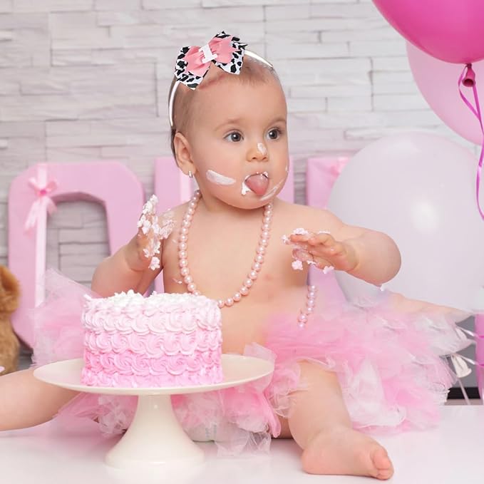 Birthday Hair Bow for Baby Girls - 2Pc Pink Sprinkle Hair Clips for 2nd Birthday Glitter Ice Cream Baby Bow Party Decorations for Girls Toddlers Hair Accessories (Cow Print -1 Year)