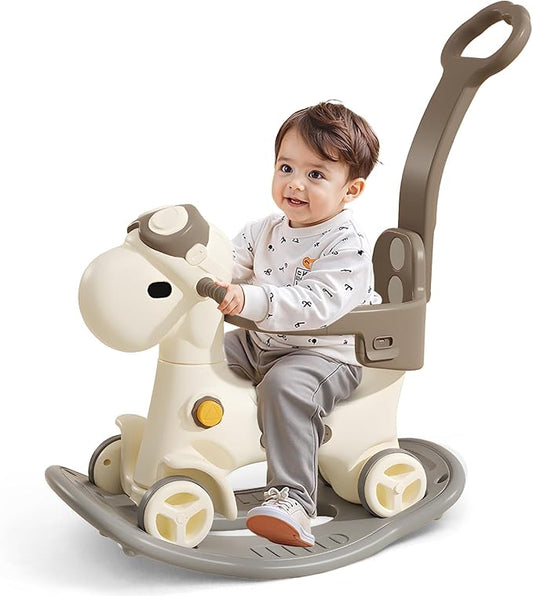 4 in 1 Rocking Horse for Toddlers 1-3 Years Old, Baby Rocking Toy Fun Birthday Gift for 1+ Kids, Ride on Toy with Guard Rails, Detachable Balance Board and Footrest with Push Handle (Brown)