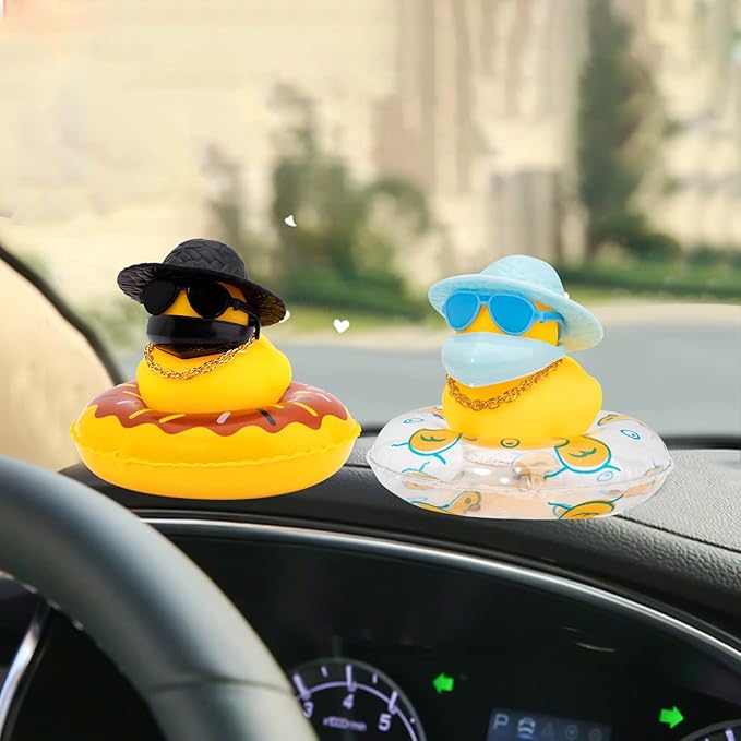 wonuu Car Duck Rubber Duck Car Ornaments Duck Car Dashboard Decorations with Cute Headband Swim Ring Necklace Sunglasses, A-Blue Hat-Blue Glasses