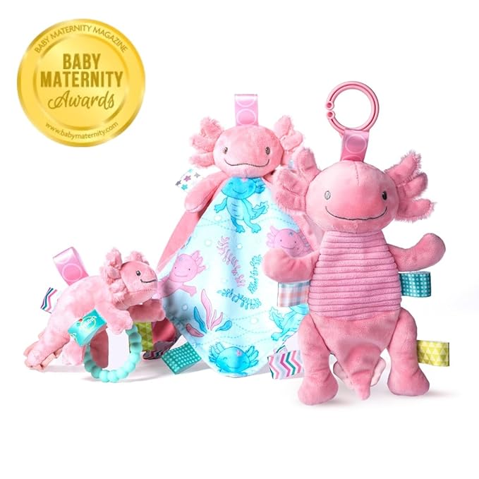 Taggies Baby Rattle with Crinkle Paper Activity Toy with Sensory Tags, 9-Inches, Pink Axolotl