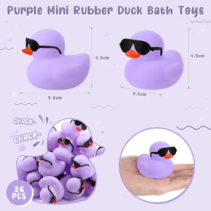 Sosation 36 Packs Mini Rubber Ducks with Sunglasses Sets 2.2 Inch Bath Squeaky Rubber Duckies Cute Float Bathtub Toys for Birthday Party Favors Class Carnival Prizes Car Decor(Light Purple)
