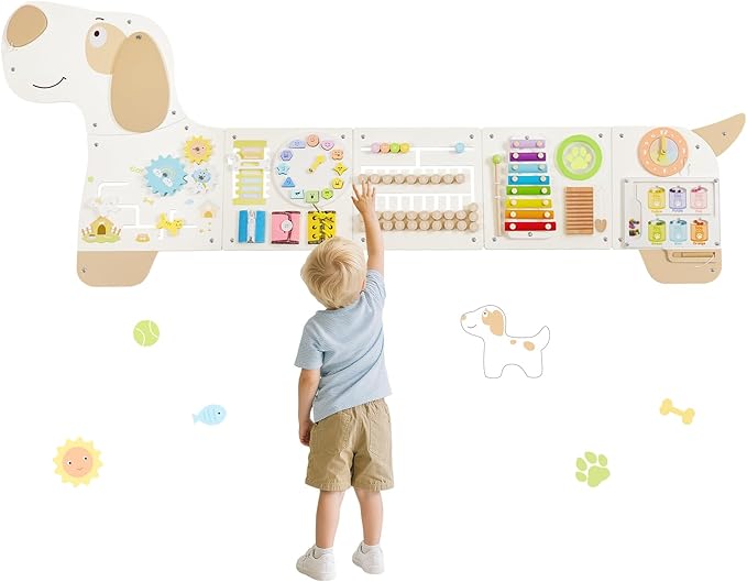 Wooden Dog Wall Busy Board Panels, Sensory Wall Activity Board for Toddlers 1-3, Montessori Learning Activity Center, Educational Toys for Kids Room, Preschool & Daycare