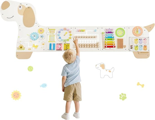 Wooden Dog Wall Busy Board Panels, Sensory Wall Activity Board for Toddlers 1-3, Montessori Learning Activity Center, Educational Toys for Kids Room, Preschool & Daycare