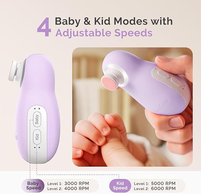 MelodySusie Baby Electric Nail File Kit, PC20F Cordless & Safe Nail Trimmer with Night Light, Quiet Operation for Newborns, Infants, Toddlers, Gentle Nail Care Clipper, Purple