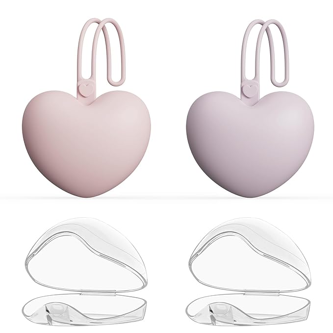 4pcs Pacifier Holder Case Set, 2pcs Silicone Portable Pacifier Pouch and 2pcs Transparent Pacifier Storage Container, Cute Heart Shape Pacifier Storage Case for Newborn Baby（Pink&Purple）