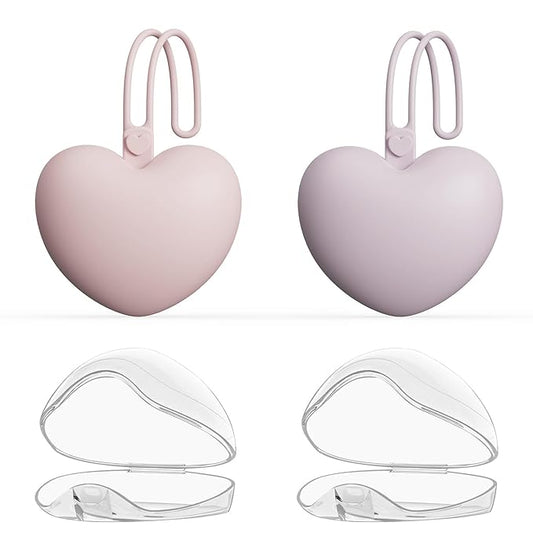 4pcs Pacifier Holder Case Set, 2pcs Silicone Portable Pacifier Pouch and 2pcs Transparent Pacifier Storage Container, Cute Heart Shape Pacifier Storage Case for Newborn Baby（Pink&Purple）