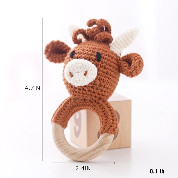 Wooden Baby Rattle, Crochet Cow Rattle, Newborn Wooden Animal Rattle Toy, Infant Rattle Toys
