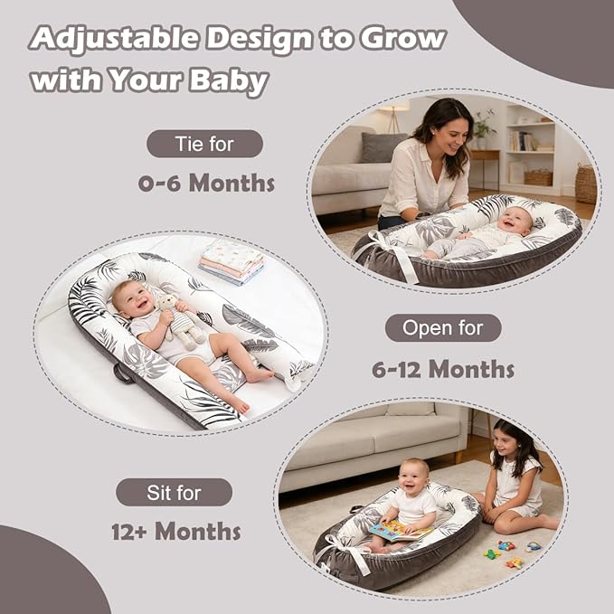 Baby Lounger-Breathable and Soft Organic 100% Cotton, Portable Infant Lounger with Removable Lounger Cover, Baby nest Lounger for Newborn - Grey Leaves