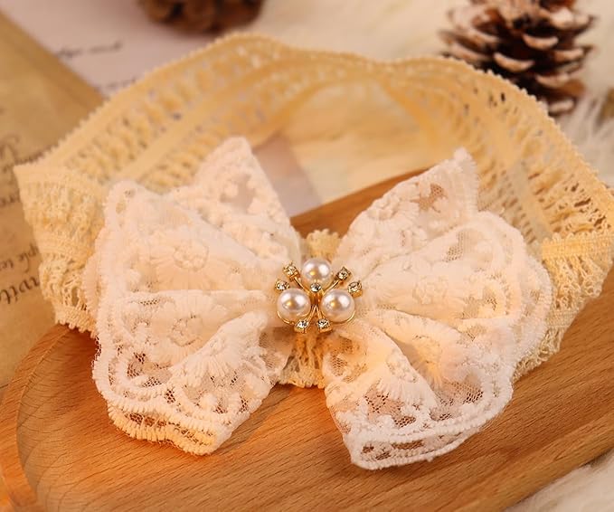 Lace Flower Bow-knot Baby Girls Headband Birthday Infant Wrap Elastic Baby Turban Hairband for Newborn Infant Toddler Kids (White pearl)