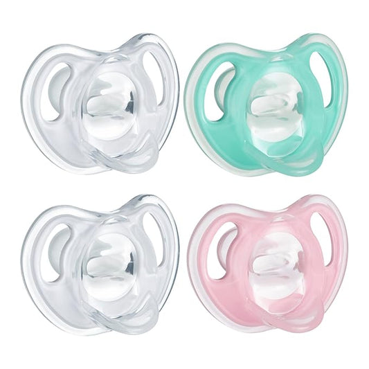 Tommee Tippee Ultra-Light Silicone Pacifier, 0-6 Months, Symmetrical One-Piece Design, BPA-Free Silicone Binkies, Clear/Green/Pink, Pack of 4