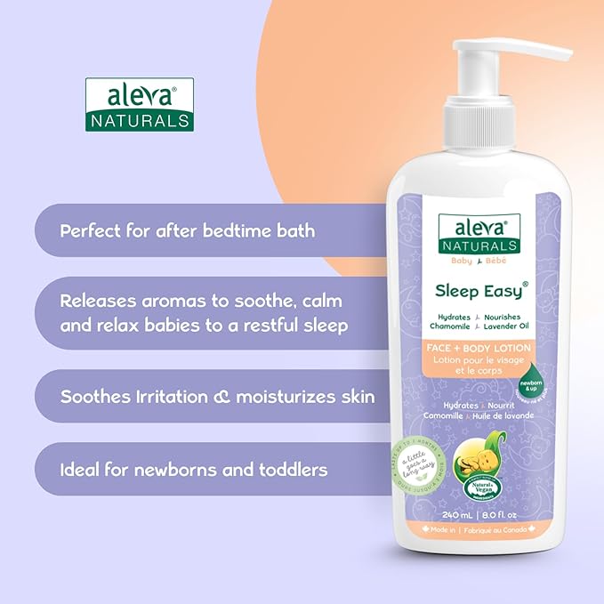 Aleva Naturals Sleep Easy Calming Relaxing Bedtime Baby Lotion, For babies and toddlers, Enriched with Lavender and Chamomile Oils, Sensitive Skin Friendly, Organic Ingredients - 8 Fl Oz