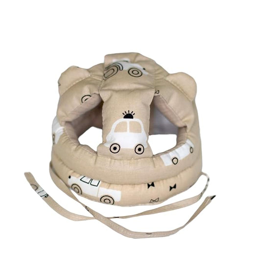 Soft Organic Helmet for Toddlers Learning to Walk, Ages 6–14 Months (Cars on a Beige Background)