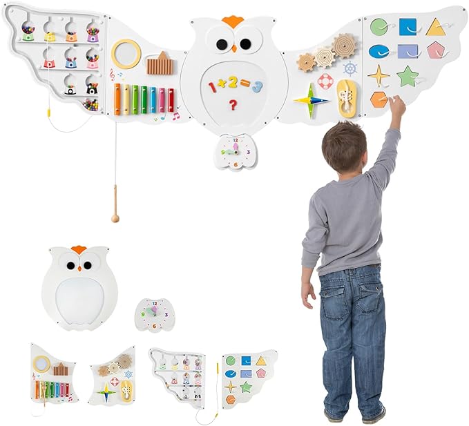 HONEY JOY Owl Activity Wall Busy Board Panels, Wooden Sensory Wall Panel for Kids, Toddler Learning Activity Center, Ideal for Playroom Daycare Nursery Classroom Dentist Office (White)