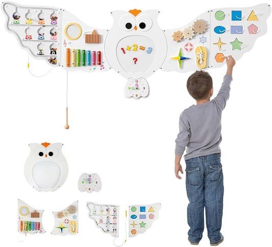 HONEY JOY Owl Activity Wall Busy Board Panels, Wooden Sensory Wall Panel for Kids, Toddler Learning Activity Center, Ideal for Playroom Daycare Nursery Classroom Dentist Office (White)