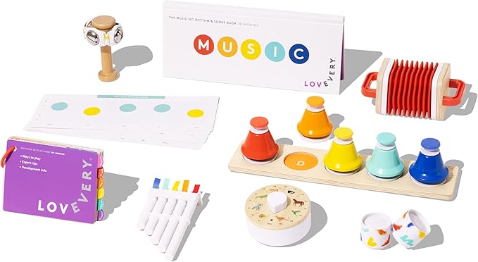 Lovevery Music Set with 6 Instruments, Songs Book, Babbler Play Kit with 8 Toys for Balance, Spatial Skills, Ages 18 Months to 4+ Years