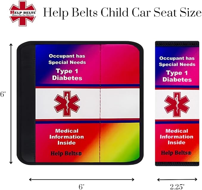 Type 1 Diabetes Awareness Medical Alert Seatbelt Cover for Children in Car Seats (6”) Featuring an Emergency Information Form and Pocket by Help Belts. (Rainbow/White)