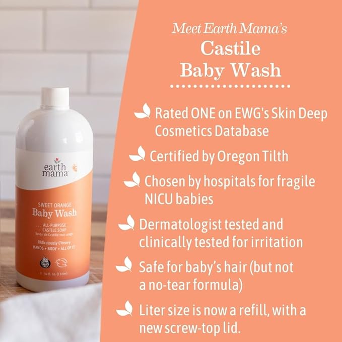 Earth Mama Sweet Orange Baby Wash Liquid Foaming Hand Soap Refill, Organic All Purpose Body Wash for Sensitive Skin, Castile Soap with Coconut Oil, Shea Butter, Calendula, & Aloe, 34 fl oz