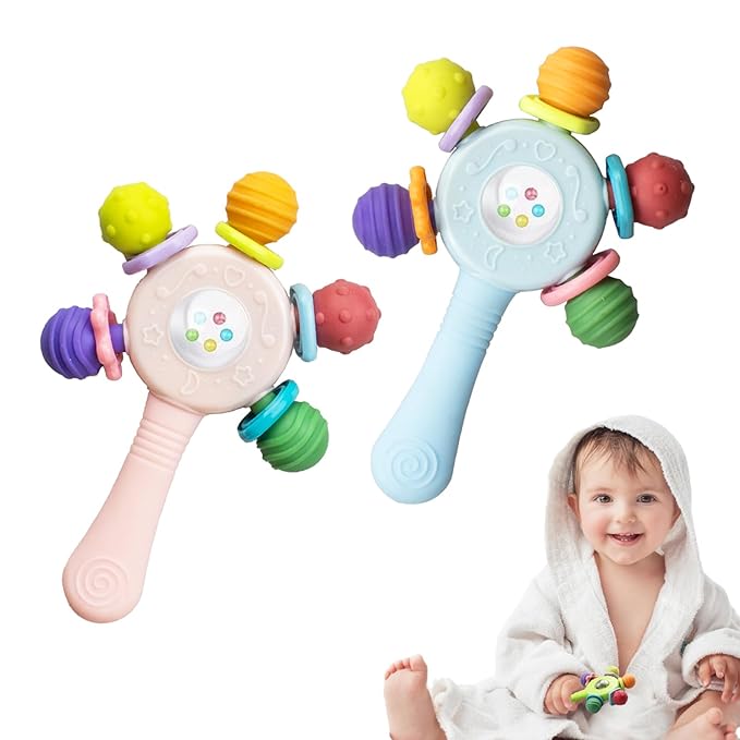 2PCS Baby Sensory Teething Toys-Rattle Stick,Food Grade BPA Free Chew Toy,Grip Strengthening Handle for Hearing Teeth Development,Infant Learning Toys for Aged 0-36 Months (Pink+Blue)