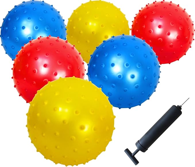 AppleRound 6-Pack of 7-inch Knobby Balls with 1 Air Pump - Fun Sensory Toy for Babies and Toddles, Party Favors, Inflatable Bouncy Balls
