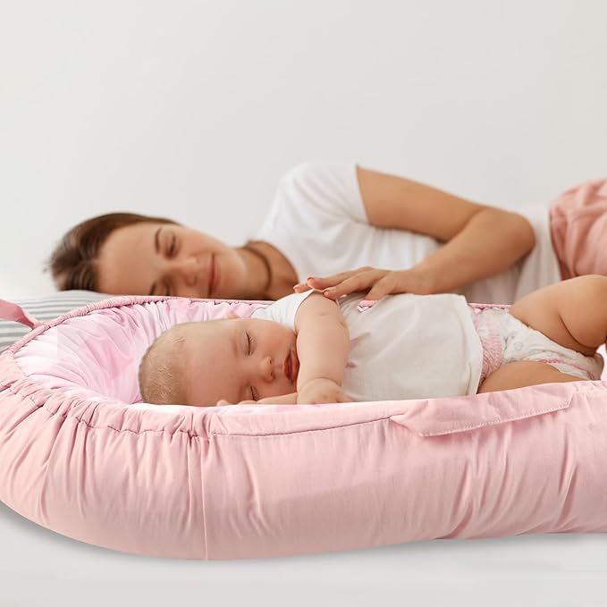 DILIMI Baby Lounger Cover, Cotton Baby Nest Replacement Cover for Girls Boys, Soft Breathable Reversible Newborn Lounger Cover, Pink Checkered (Only Cover)