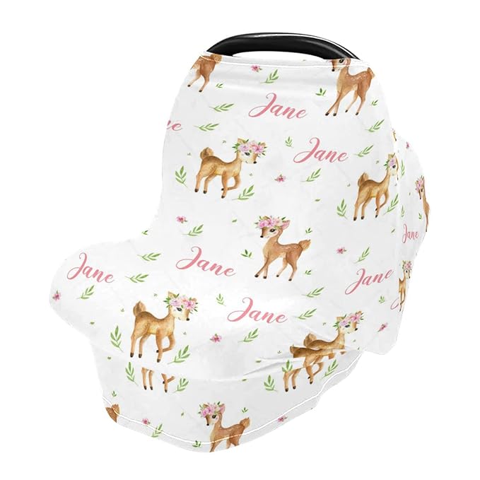 Personalized Little Fawns Baby Car Seat Covers with Name, Custom Multiuse Nursing Breastfeeding Car seat Canopy, Infant Stroller Covers for Newborn Girl Boy, Ultra-Soft Breathable, Nursing Scarf