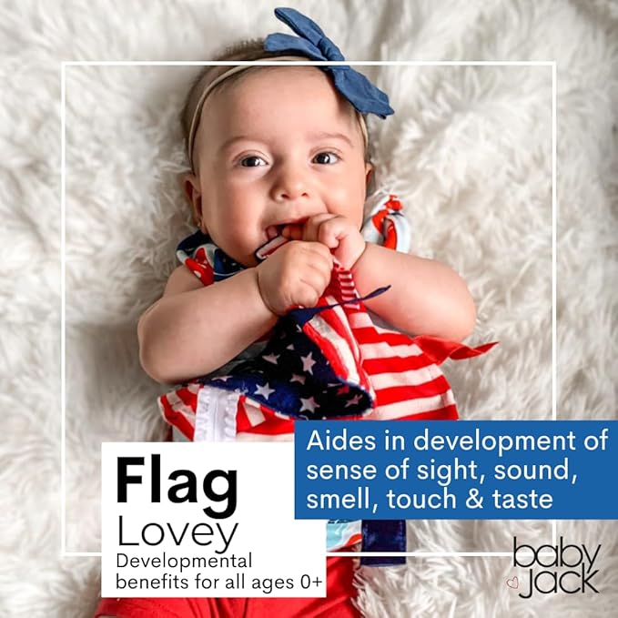 Baby Jack & Co 8x8” American Flag Lovey Patriotic Tag Toy - Crinkle Toys for Development of Five Senses - Soft & Safe - God Bless America - Military Child - BPA Free Clip for Stroller Toy