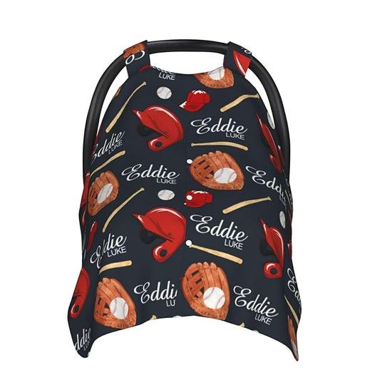 Personalized Baby Car Seat Canopy for Babies, Custom Name Baby Car Seats Covers for Boys, Opening Minky Nursing Breastfeeding Cover for Infant, Carseat Canopies for Newborn (Baseball Theme)