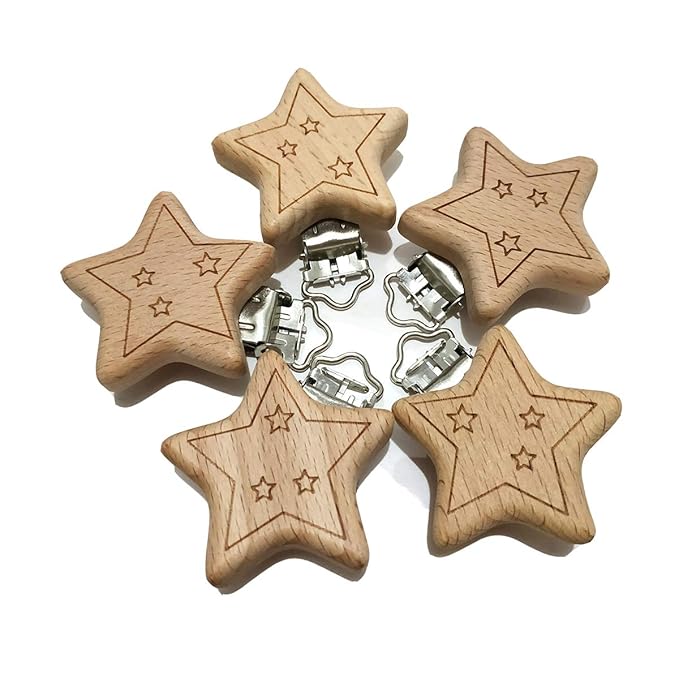 5pcs Natural Wood Suspender Pacifier Clips Cute Beech Wooden Animal Start Shape Clips DIY Beading Pacifier Chain Accessory