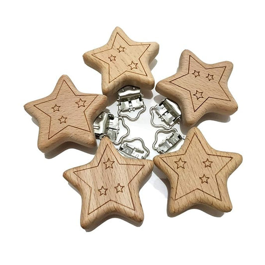 5pcs Natural Wood Suspender Pacifier Clips Cute Beech Wooden Animal Start Shape Clips DIY Beading Pacifier Chain Accessory