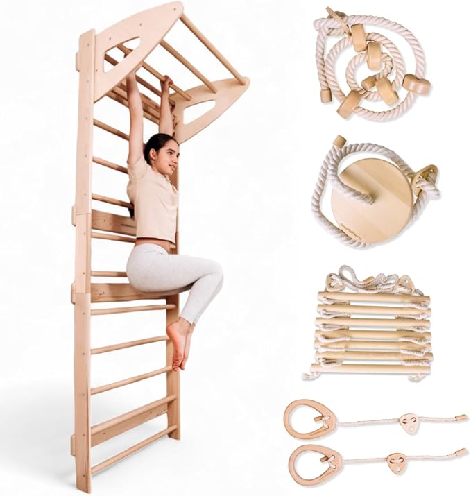 Woodandhearts Swedish Ladder for Kids with Rope Accessories - Indoor Jungle Gym, Indoor Jungle Gym for Kids Ages 3-16, Indoor Climbing Gym (Swedish Ladder of 3 Parts (Natural Wood Color))