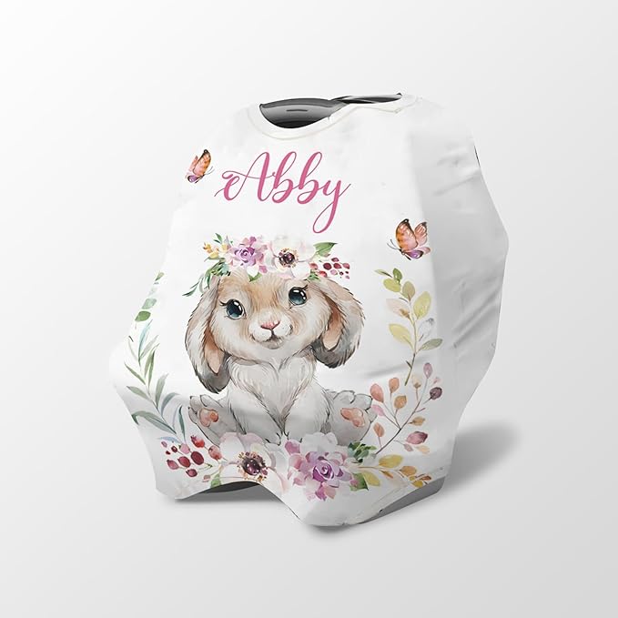 Personalized Baby Car Seat Cover Stroller Canopy: Custom Name Newborn Baby Boy Girl Elastic Rabbit Nursing Cover for Moms First Birthday Gift Animals(one Size)