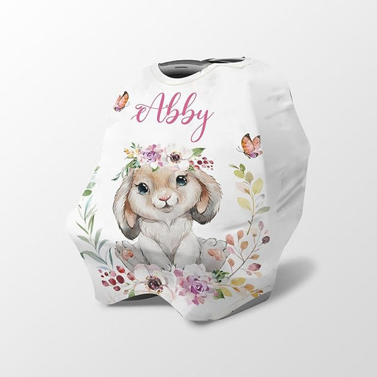 Personalized Baby Car Seat Cover Stroller Canopy: Custom Name Newborn Baby Boy Girl Elastic Rabbit Nursing Cover for Moms First Birthday Gift Animals(one Size)