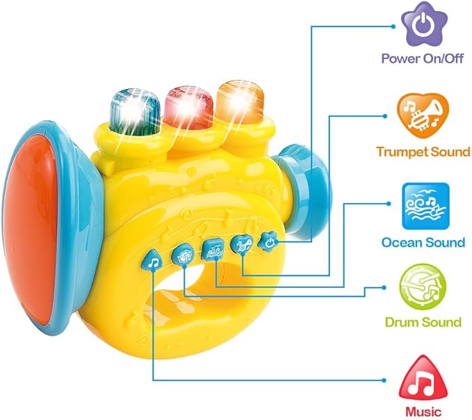WEofferwhatYOUwant Baby Musical Instrument Set – 3 Piece Trumpet Drum Harp Bundle with Lights Songs Lullabies Interactive Play Modes Batteries Included BPA-Free Travel Ready Musical Gift for Toddlers