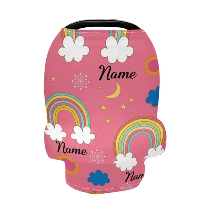 Personalized Pink Rainbow Baby Car Seat Cover for Girl, Customized Name Nursing Covers Breastfeeding Scarf Infant Carseat Canopy, Shower Gift for Newborn Girls Babies