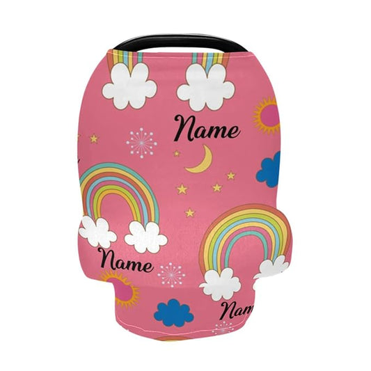 Personalized Pink Rainbow Baby Car Seat Cover for Girl, Customized Name Nursing Covers Breastfeeding Scarf Infant Carseat Canopy, Shower Gift for Newborn Girls Babies