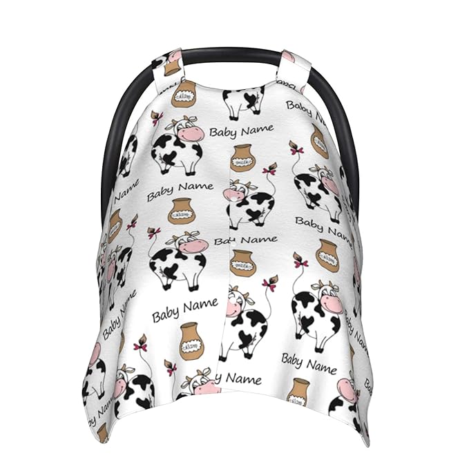 Personalized Smile Cow and Milk Baby Infant Car Seats Canopy for Babies with Name, Custom Car Seat Covers for Baby Boys Girls, Peekaboo Minky Nursing Breastfeeding Stroller Canopies for Newborn