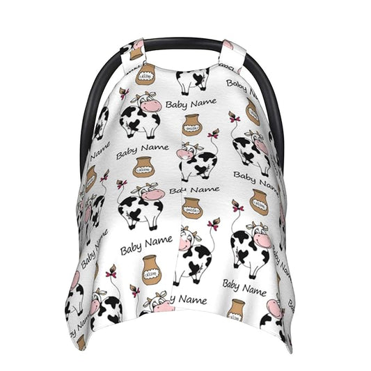 Personalized Smile Cow and Milk Baby Infant Car Seats Canopy for Babies with Name, Custom Car Seat Covers for Baby Boys Girls, Peekaboo Minky Nursing Breastfeeding Stroller Canopies for Newborn