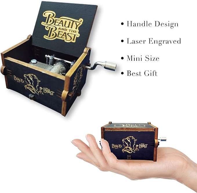 Beauty & Beast Music Box, Wooden Hand Crank Music Box, Wooden Toys for Movie Fans, Gifts for Kids/Sons/Daughters, Perfect for Valentine's Day, Birthday, Halloween and Christmas. (Beauty and the Beast