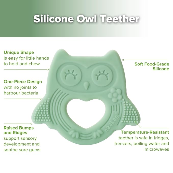 haakaa Silicone Owl Teether,Food-Grade Smiling Teething Toy for Infants, Soft Chew Toys for Babies, BPA Free, Toy for 3 Months+,Pea Green