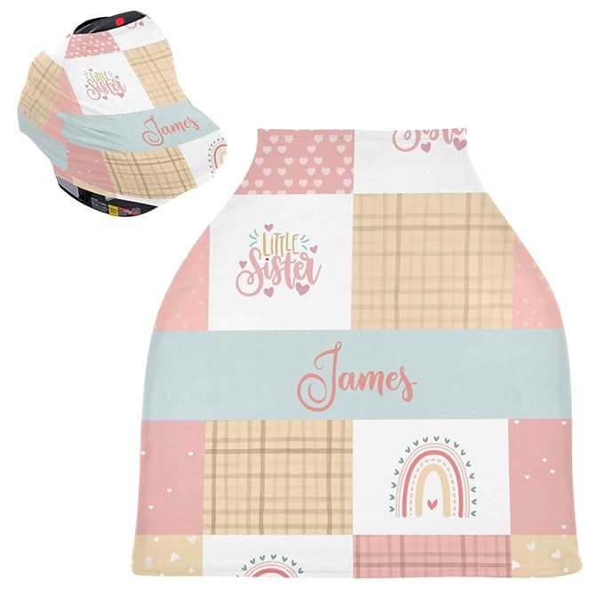 Personalized Baby Car Seat with Name for Girls, Custom Boho Rainbow Car Seat Canopy, Customized Nursing Breastfeeding Cover Infant Carseat Canopies for Newborn Babies