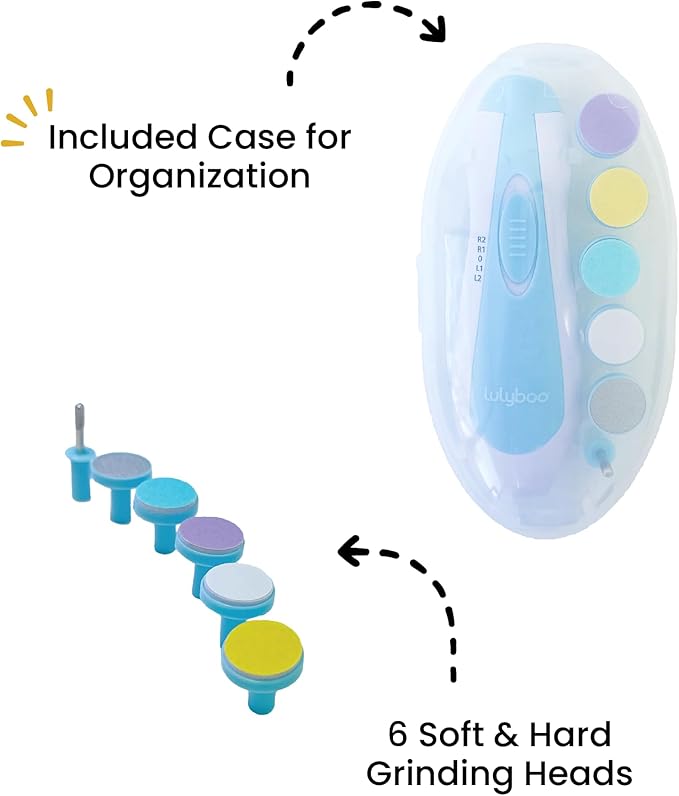 Lulyboo Electric Baby Nail File with 5 Interchangeable Heads, Low Noise & LED Light - Gentle, Safe, Ergonomic Baby Nail Trimmer for Smooth Nails & On-the-Go Grooming with Carry Case