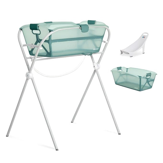 Evolur Supple Baby Spa Set with Infant Bathtub, Hammock Support Seat & Metal Frame, Newborn Tub for 0–12 Months, Complete Baby Care Essentials Gift Set for New Parents, Green