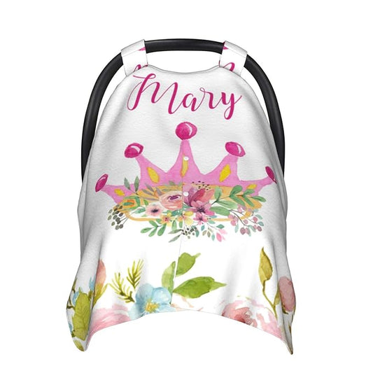 Personalized Baby Car Seat Canopy for Babies, Custom Name Car Seat Covers for Baby Girl, Floral Crown Opening Minky Nursing Breastfeeding Cover for Infant, Carseat Canopies for Newborn